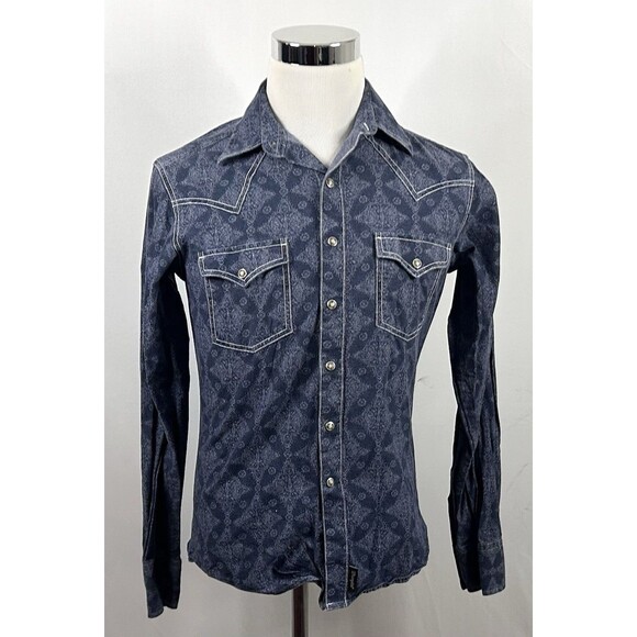 Wrangler Retro Small Western Pearl Snap Shirt Blue Denim Paisley 100% Cotton - Picture 2 of 5